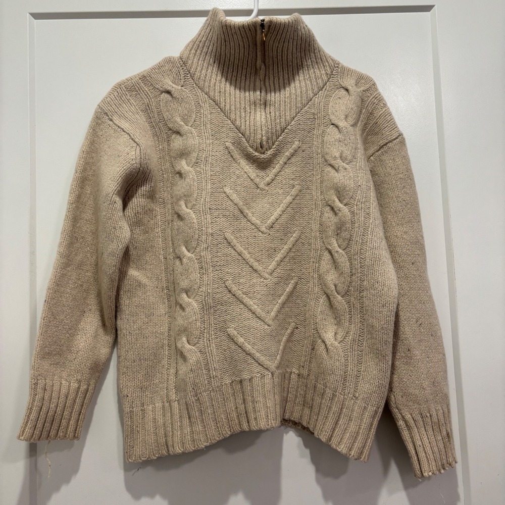IrelandsEye Mens Oatmeal Lambswool Cable Knit Quarter Zip Sweater Size M